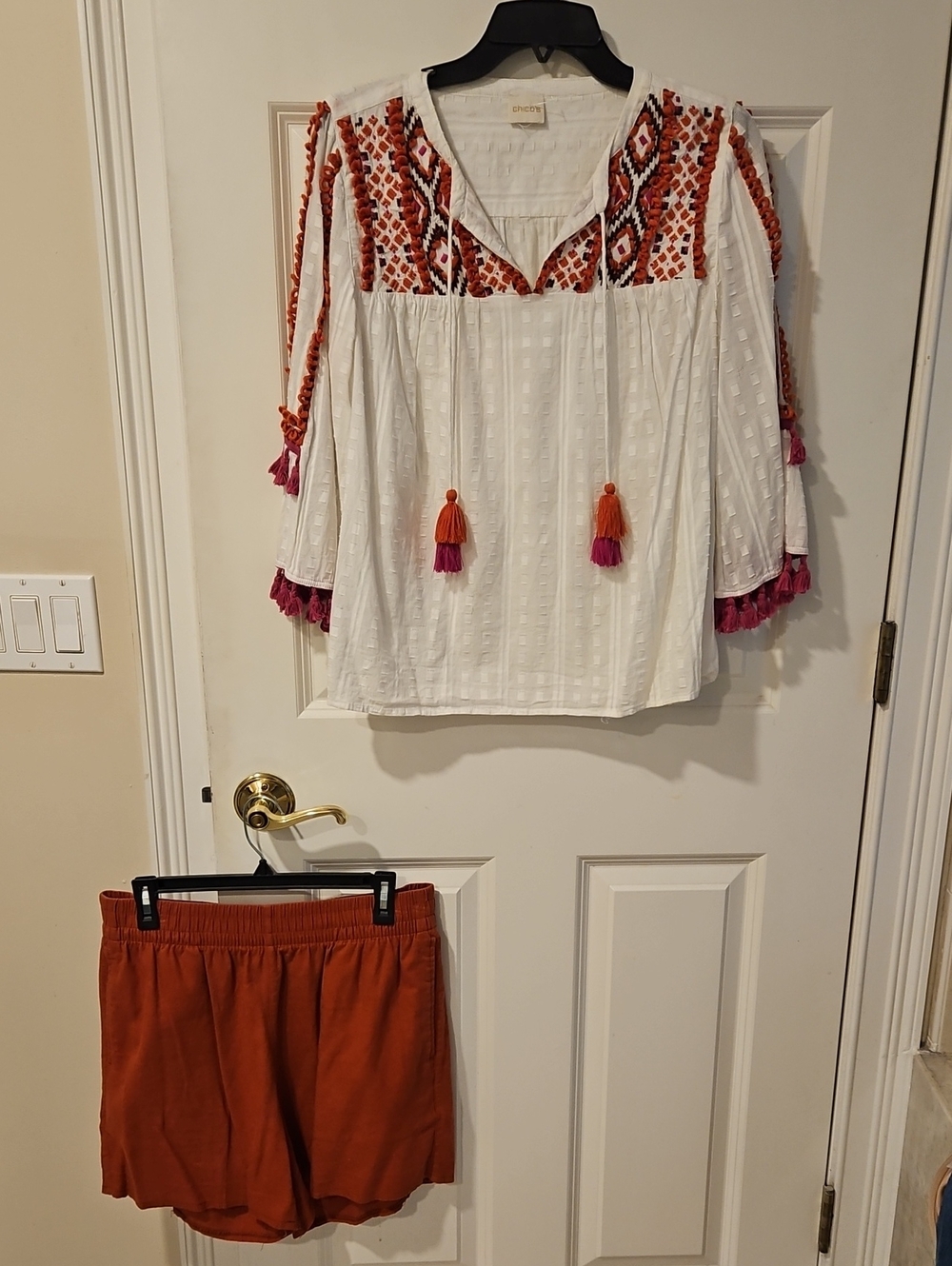 Chico's White Peasant Blouse with Orange & Pink Embroidery